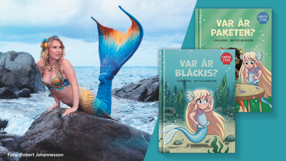 Linda Ågren som sjöjungfru på en sten vid havet