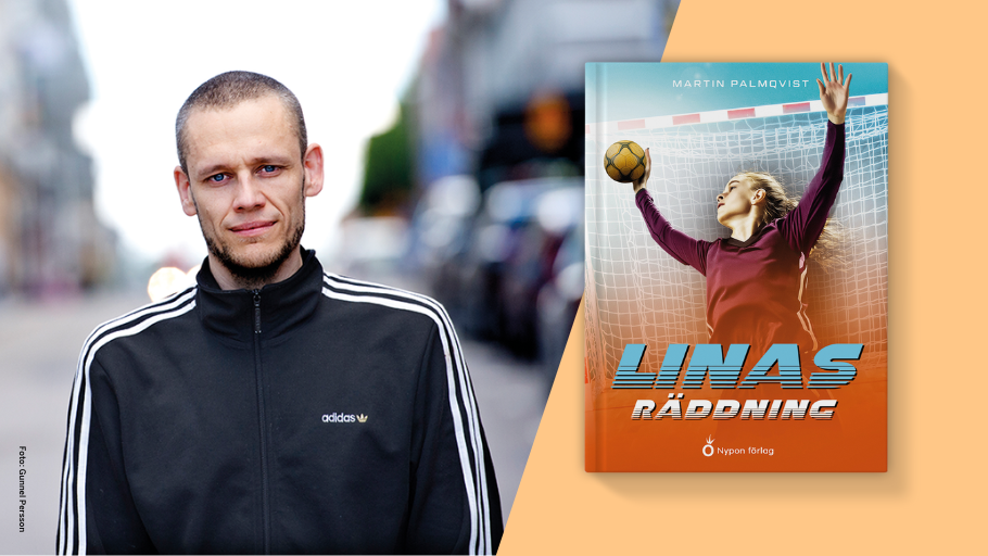 Martin Palmqvist tittar in i kameran bredvid en bild på hans nya bok Linas räddning.