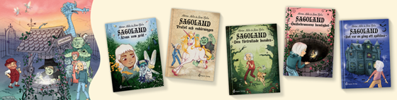 Fem omslag med böckerna från serien Sagoland