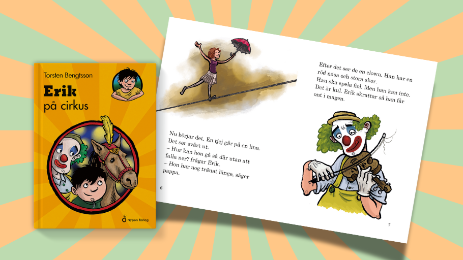 Ett uppslag som visar boken Erik går på cirkus
