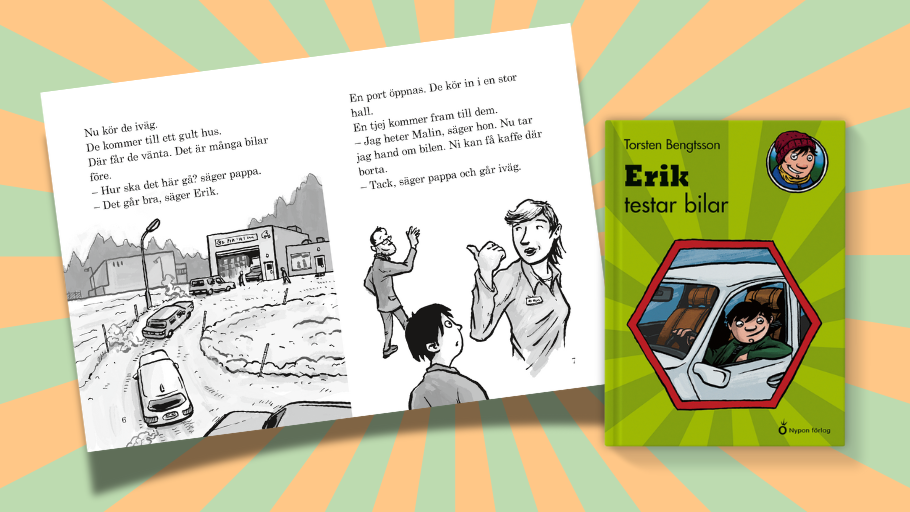 Ett uppslag som visar boken Erik testar bilar