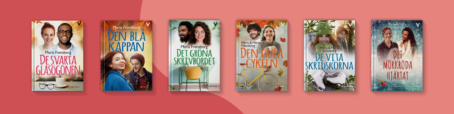 Bild med röd bakgrund och sex av böckerna i serien Kärlek i färg