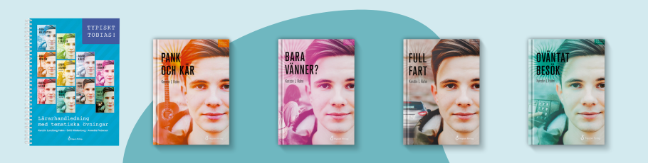 Omslag på Typiskt Tobias lärarhandledning och fyra böcker ur serien