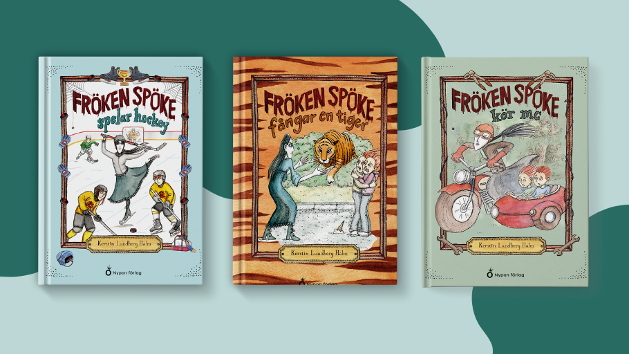 Omslag av böckerna om Fröken Spöke, en godhjärtad vikarie över 100 år gammal. Serien har mysrysliga bilder av Åsa Rosén.