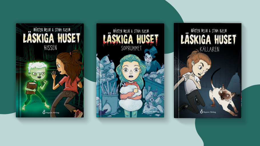 Omslag av böckerna i serien 'Läskiga huset'. Jina möter mystiska grannar och upptäcker magiska hemligheter. Illustrerad av Stina Hjelm.